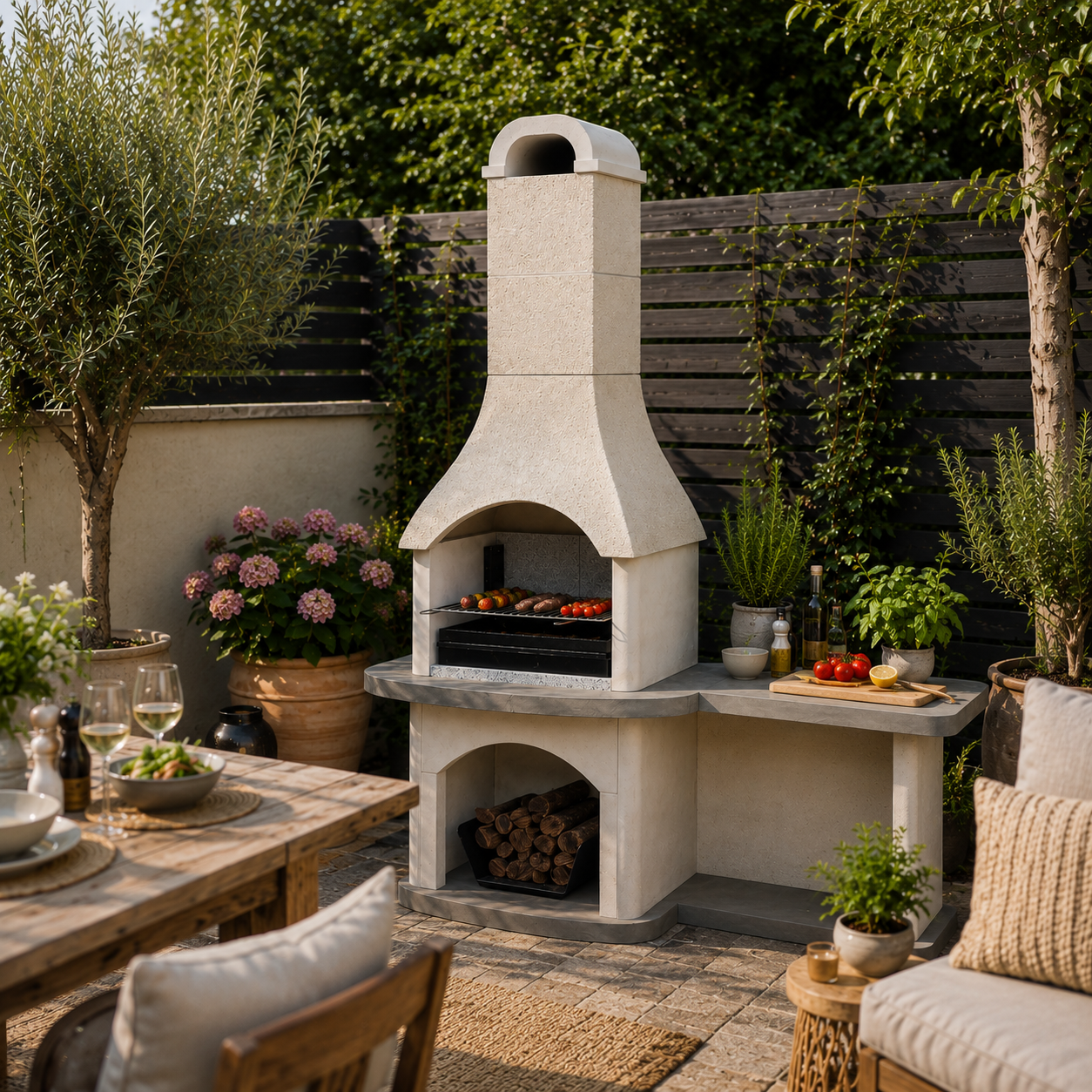 A modern outdoor stone barbecue grill with a chimney and side shelf, set in a beautifully landscaped backyard patio with plants, a dining table, and a sofa.