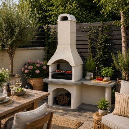 A modern outdoor stone barbecue grill with a chimney and side shelf, set in a beautifully landscaped backyard patio with plants, a dining table, and a sofa.