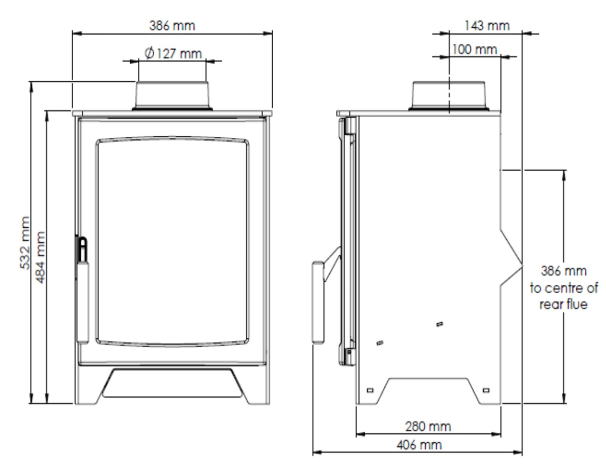 Technical dimension diagram of a gas stove shown in front and side views with measurements in millimetres.