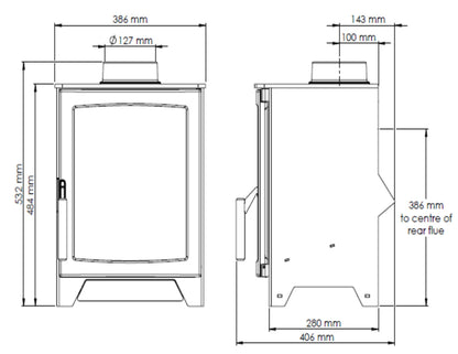 Technical dimension diagram of a gas stove shown in front and side views with measurements in millimetres.
