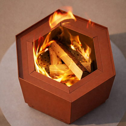 Hexagonal fire pit with flames and wooden logs on a neutral background