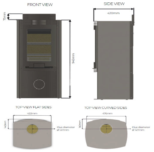 Technical dimension diagram of a wood burning stove, showing front, side, top, and curved-side views with measurements in millimeters on a white background.