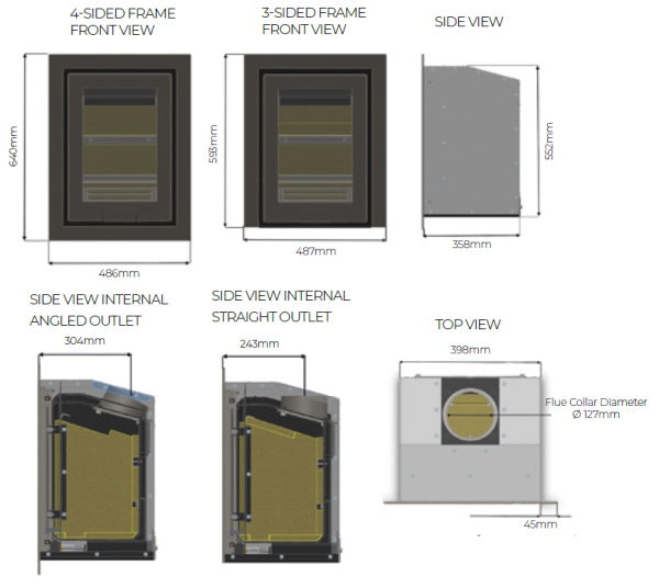 Technical dimension diagram of a wall-mounted stove, showing front and side views with measurements, plus internal outlet views and a top view with flue collar diameter.