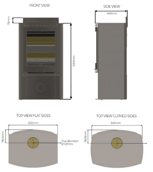 Technical dimension diagram of a wood-burning stove, showing front, side, top flat, and top curved side views with measurements in millimeters.