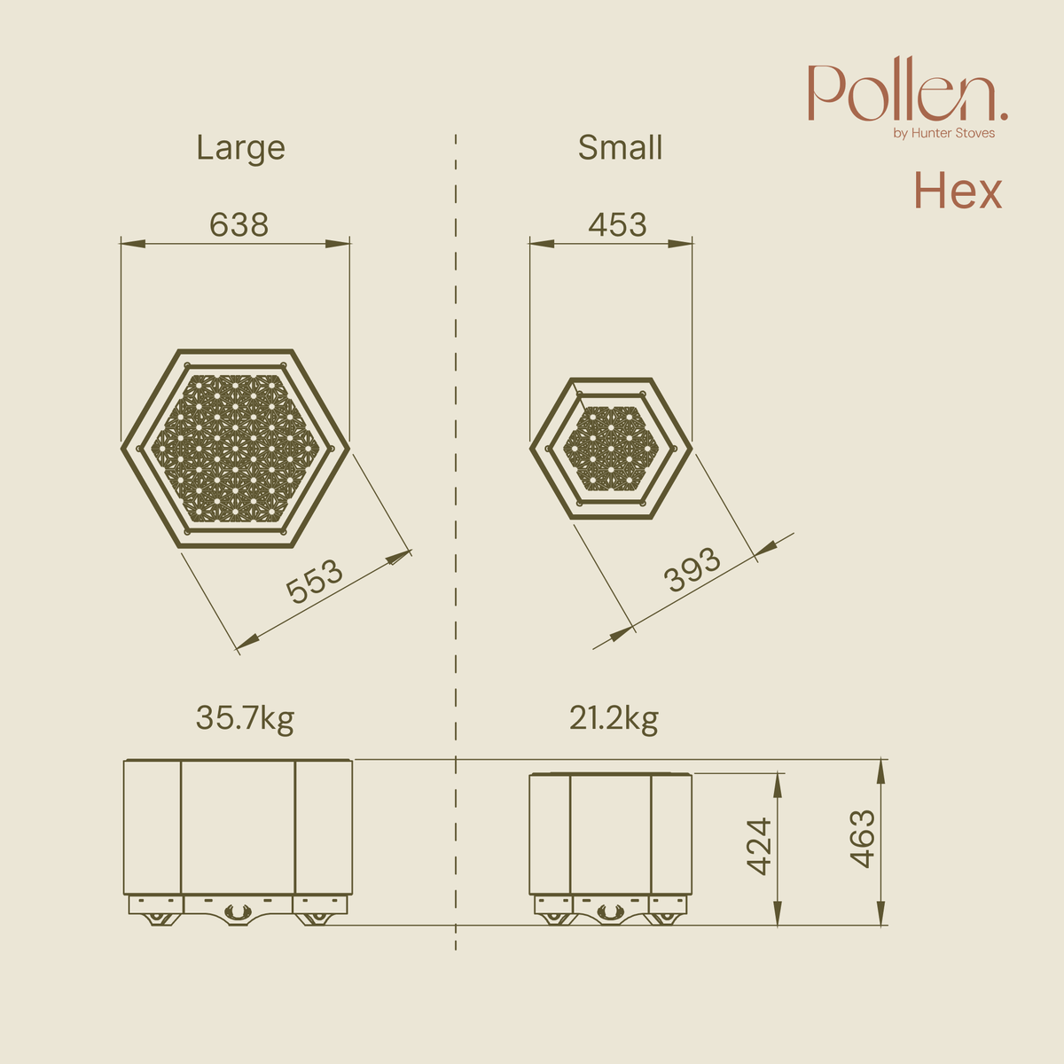 Technical dimension diagram for Pollen Hex stoves showing large and small hexagonal burner units with measurements, weights, and side profiles on a beige background.