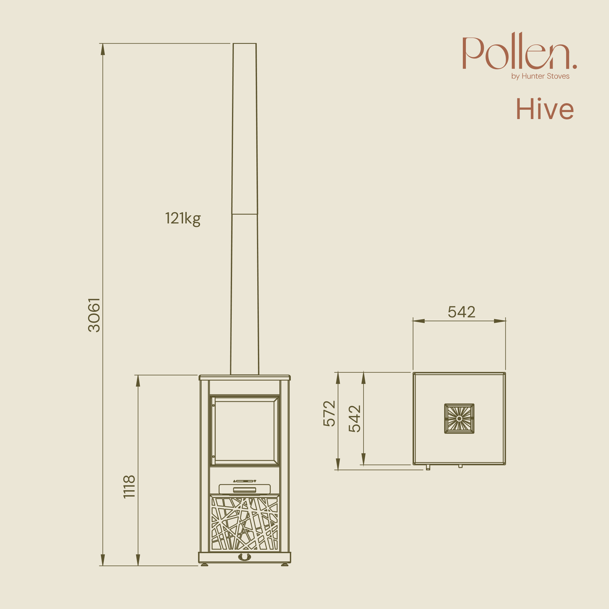Technical drawing of a Pollen Hive with dimensions on a beige background
